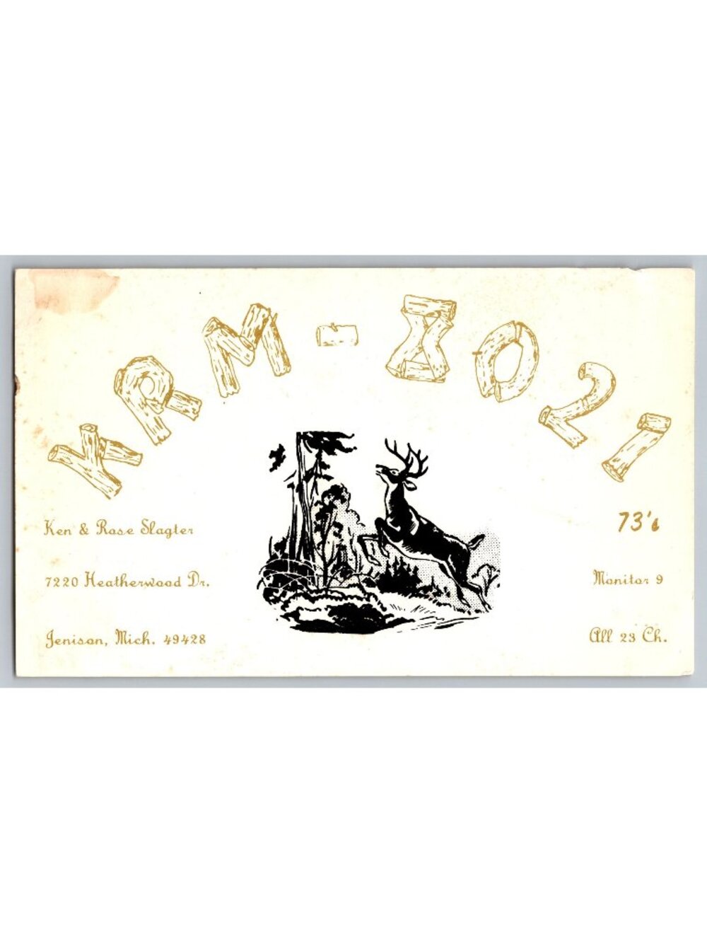 Vintage CB QSL Card KRM-7021 Ken Rose Slagter Jenison Michigan Deer